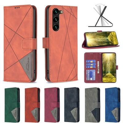 For Samsung Galaxy S23 Stitching Rhombus Pattern Folio Flip PU Leather Wallet Phone Case