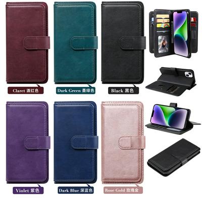 For iPhone 14 Solid Color Removable 10 Card Slot Holder Strong Magnetic PU Leather Phone Case
