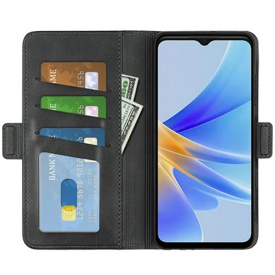 For OPPO A17 Double Buckle Wallet Style Folio Flip Leather Case with Stand and Card Slots Function