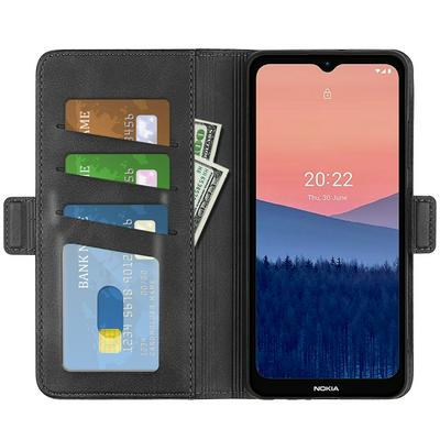 For Nokia C21 Double Buckle Wallet Style Folio Flip Leather Case with Stand and Card Slots Function
