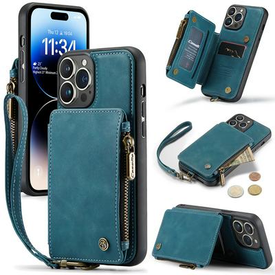 For iPhone 14 Pro Max Solid Color Embossed Skin Feel Leather Wallet Phone Case with Wristband