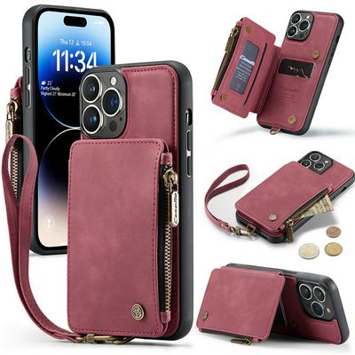 For iPhone 14 Pro Solid Color Embossed Skin Feel Leather Wallet Phone Case with Wristband