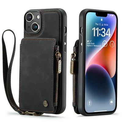 For iPhone 14 Solid Color Embossed Skin Feel Leather Wallet Phone Case with Wristband
