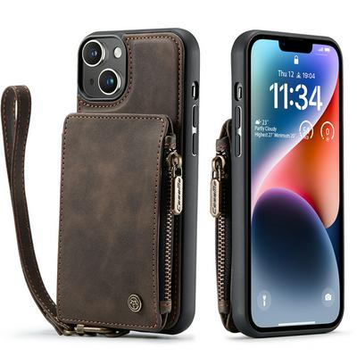 For iPhone 14 Plus Max Solid Color Embossed Skin Feel Leather Wallet Phone Case with Wristband