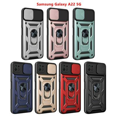 Samsung Galaxy A22 5G Sergeant Shockproof Drop-proof PC+TPU Phone Protective Case with Metal Ring Kickstand and Metal Patch
