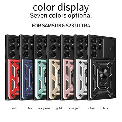 Samsung Galaxy S23 Ultra Ring Holder Kickstand Camera Slide Cover Design PC + TPU Phone Back Cover Case