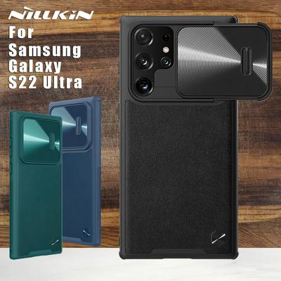 NILLKIN For Samsung Galaxy S22 Ultra Shockproof Phone Cover Slide Camera Protection PU Leather+PC + TPU Phone Case 