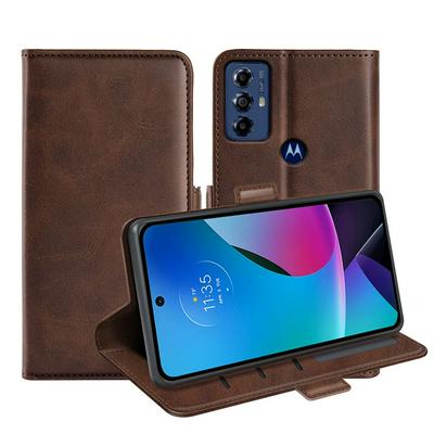 For Motorola G Play (2023) Double Buckle Wallet Style Folio Flip Leather Case with Stand and Card Slots Function