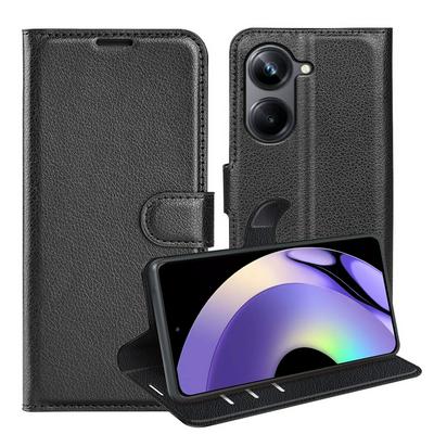 Realme 10 Pro Lichee Pattern Side Flip Wallet Style PU Leather + Soft TPU Card Holder with Stand and Magnetic Buckle Case