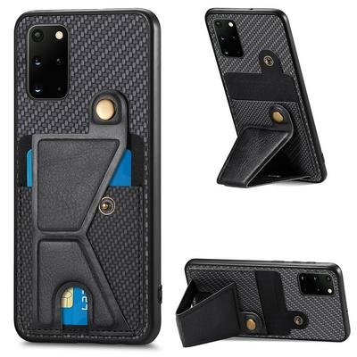For Samsung Galaxy S20 Plus Carbon Fiber Texture K-shape Kickstand PU Leather Coated TPU Card Holder Phone Case with Built-in Metal Sheet