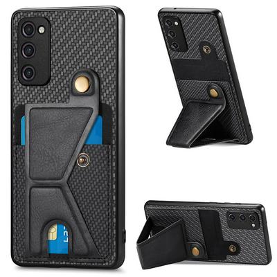 For Samsung Galaxy S20 FE Carbon Fiber Texture K-shape Kickstand PU Leather Coated TPU Card Holder Phone Case with Built-in Metal Sheet