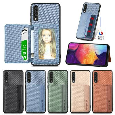For Samsung Galaxy A50 PU Leather Coated PC+TPU Carbon Fiber Texture RFID Blocking Phone Case Wallet Kickstand Magnetic Shockproof Phone Cover
