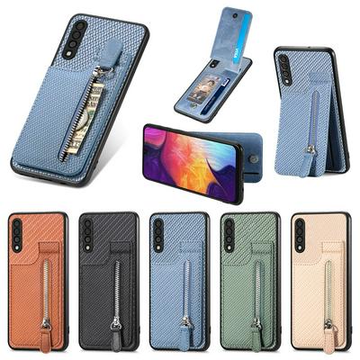 For Samsung Galaxy A50 Carbon Fiber Pattern Anti-fall Vertical Flip Zipper Leather Case with Card Slots & Stand