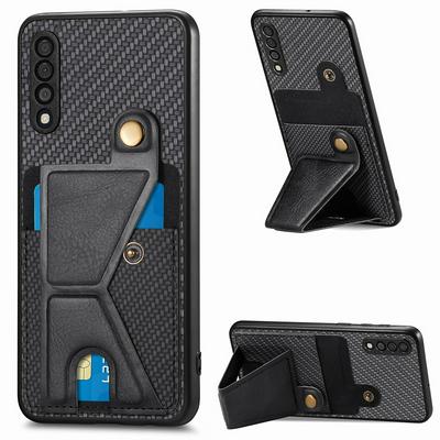 For Samsung Galaxy A50 Carbon Fiber Texture K-shape Kickstand PU Leather Coated TPU Card Holder Phone Case with Built-in Metal Sheet