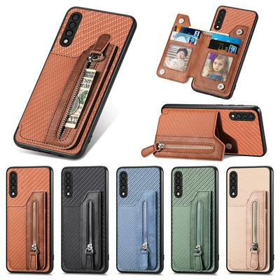 For Samsung Galaxy A50 Carbon Fiber Pattern Anti-fall  Zipper Leather Case with Card Slots & Stand