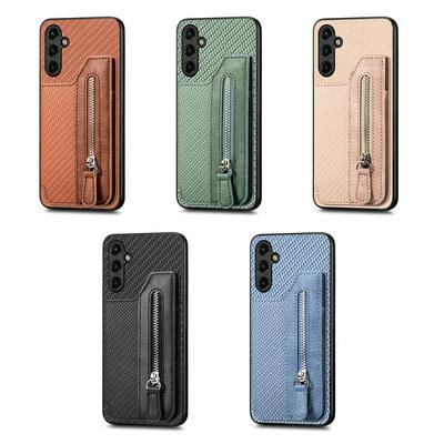 For Samsung Galaxy A14 5G Carbon Fiber Pattern Anti-fall  Zipper Leather Case with Card Slots & Stand