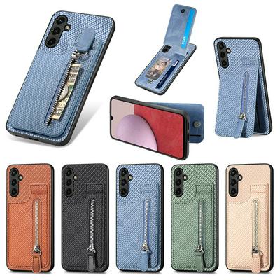 For Samsung Galaxy A14 5G Carbon Fiber Pattern Anti-fall Vertical Flip Zipper Leather Case with Card Slots & Stand