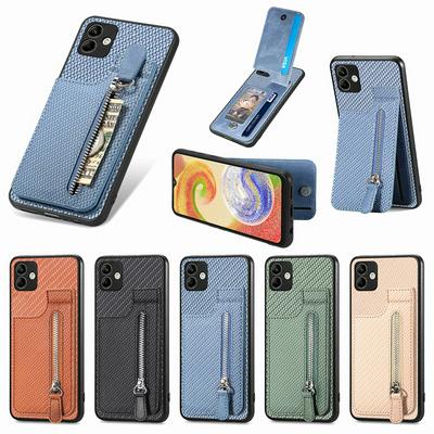 For Samsung Galaxy A04 Carbon Fiber Pattern Anti-fall Vertical Flip Zipper Leather Case with Card Slots & Stand