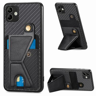 For Samsung Galaxy A04 Carbon Fiber Texture K-shape Kickstand PU Leather Coated TPU Card Holder Phone Case with Built-in Metal Sheet