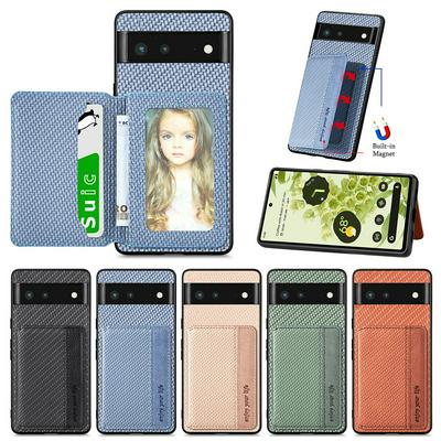 For Google Pixel 6 PU Leather Coated PC+TPU Carbon Fiber Texture RFID Blocking Phone Case Wallet Kickstand Magnetic Shockproof Phone Cover