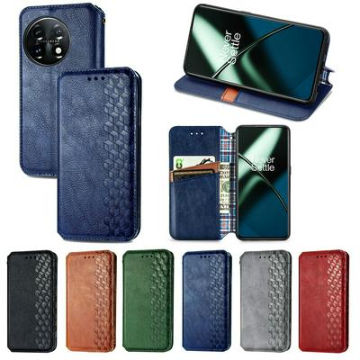 OnePlus 11 Auto-absorbed Magnet Closing Rhombus Imprinted Leather Phone Case with Stand Wallet