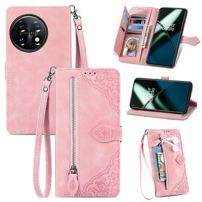 For OnePlus 11 Drop-proof Flip Phone Case Wallet Stand Flower Imprinted PU Leather Zipper Pocket Phone Cover with Strap