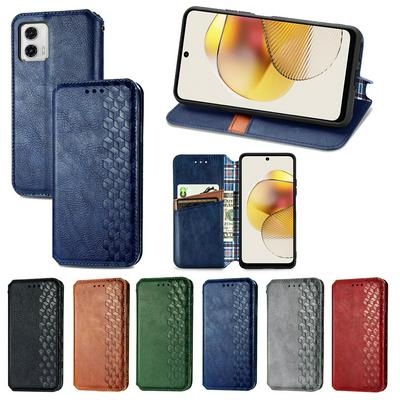 Motorola G73 Auto-absorbed Magnet Closing Rhombus Imprinted Leather Phone Case with Stand Wallet