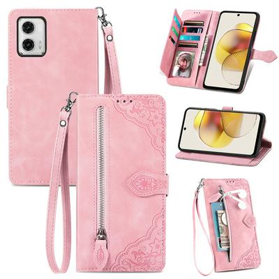For Motorola G73 Drop-proof Flip Phone Case Wallet Stand Flower Imprinted PU Leather Zipper Pocket Phone Cover with Strap