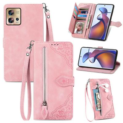 For Motorola Edge 30 Fusion Drop-proof Flip Phone Case Wallet Stand Flower Imprinted PU Leather Zipper Pocket Phone Cover with Strap
