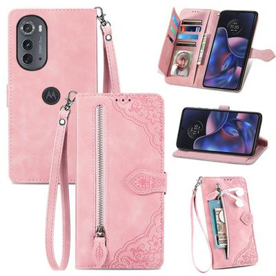 For Motorola Edge 2022 Drop-proof Flip Phone Case Wallet Stand Flower Imprinted PU Leather Zipper Pocket Phone Cover with Strap