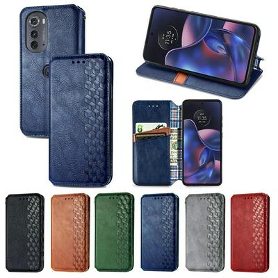 Motorola Edge 2022 Auto-absorbed Magnet Closing Rhombus Imprinted Leather Phone Case with Stand Wallet