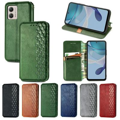 Motorola G53 Auto-absorbed Magnet Closing Rhombus Imprinted Leather Phone Case with Stand Wallet
