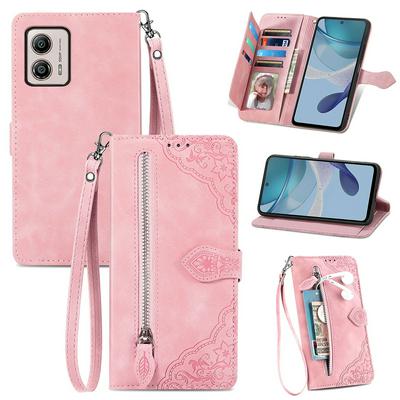 For Motorola G53 5G Drop-proof Flip Phone Case Wallet Stand Flower Imprinted PU Leather Zipper Pocket Phone Cover with Strap