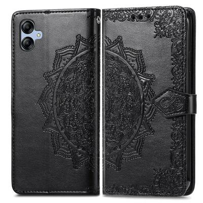 For Samsung Galaxy A04e Relief Mandala Pattern Three Card Slots Series Side Flip PU Leather + Soft TPU with Magnetic Buckle and Stand Wallet Case