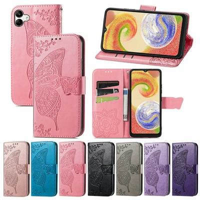 For Samsung Galaxy A04 Imprinted Butterfly Flower Scratch-resistant Fashionable PU Leather + TPU Shockproof Phone Case Flip Stand Cover with Strap