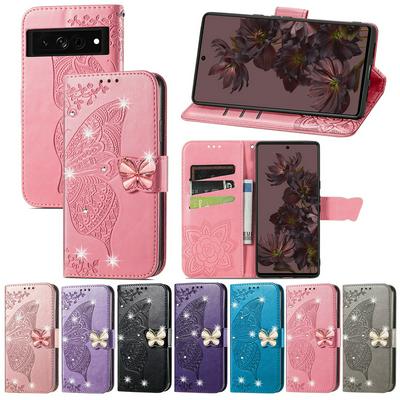 For Google Pixel 7A Imprinted Butterfly Flower Scratch-resistant Fashionable PU Leather + TPU Shockproof Phone Case Flip Stand Cover with Strap