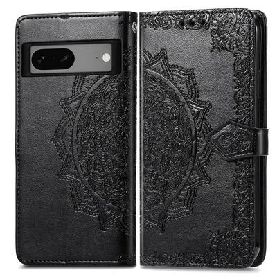 For Google Pixel 7A Relief Mandala Pattern Three Card Slots Series Side Flip PU Leather + Soft TPU with Magnetic Buckle and Stand Wallet Case