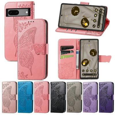 For Google Pixel 7A Imprinted Butterfly Flower Scratch-resistant Fashionable PU Leather + TPU Shockproof Phone Case Flip Stand Cover with Strap