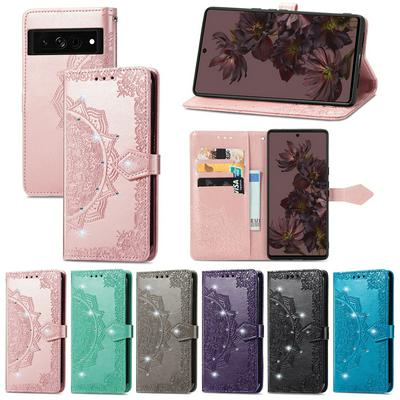 For Google Pixel 7 Embossed Mandala Pattern Phone Case Stand Shockproof PU Leather Wallet Folio Cover with Strap