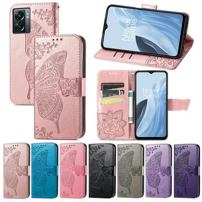 For OnePlus Nord N300 Imprinted Butterfly Flower Scratch-resistant Fashionable PU Leather + TPU Shockproof Phone Case Flip Stand Cover with Strap