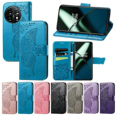 For OnePlus 11 Imprinted Butterfly Flower Scratch-resistant Fashionable PU Leather + TPU Shockproof Phone Case Flip Stand Cover with Strap