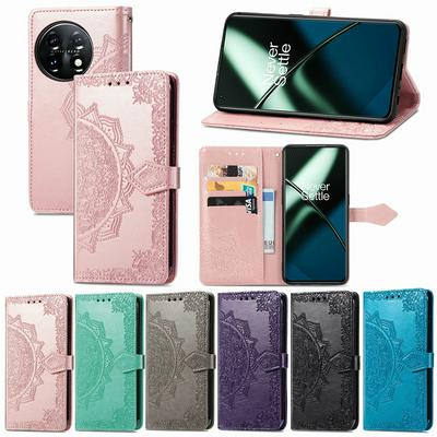 For Oneplus 11 Embossed Mandala Pattern Phone Case Stand Shockproof PU Leather Wallet Folio Cover with Strap