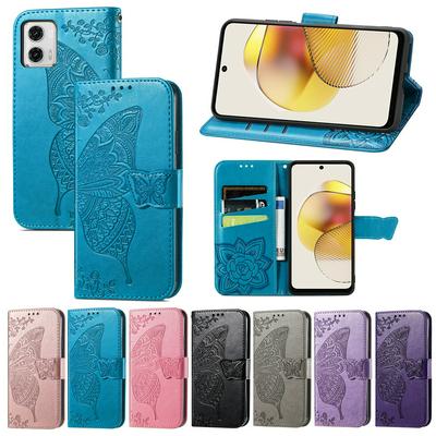 For Motorola G73 Imprinted Butterfly Flower Scratch-resistant Fashionable PU Leather + TPU Shockproof Phone Case Flip Stand Cover with Strap
