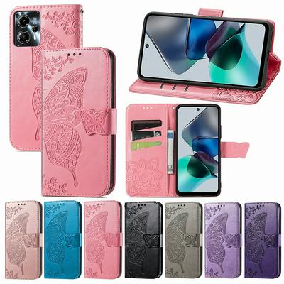 For Motorola G23 Imprinted Butterfly Flower Scratch-resistant Fashionable PU Leather + TPU Shockproof Phone Case Flip Stand Cover with Strap