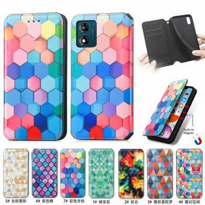 CASENEO 001 Series for Motorola E13 RFID Blocking Leather Phone Case Pattern Printing Phone Wallet Stand Cover