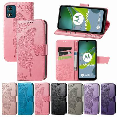 For Motorola E13 Imprinted Butterfly Flower Scratch-resistant Fashionable PU Leather + TPU Shockproof Phone Case Flip Stand Cover with Strap