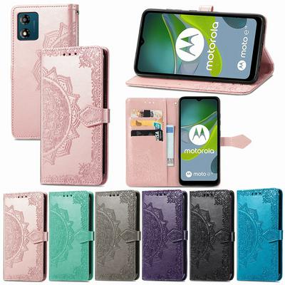 For Motorola E13 Embossed Mandala Pattern Phone Case Stand Shockproof PU Leather Wallet Folio Cover with Strap