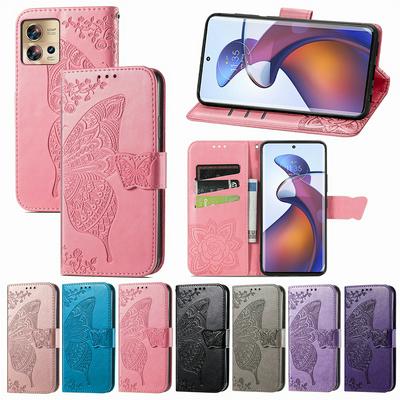 For Motorola Edge 30 Fusion Imprinted Butterfly Flower Scratch-resistant Fashionable PU Leather + TPU Shockproof Phone Case Flip Stand Cover with Strap