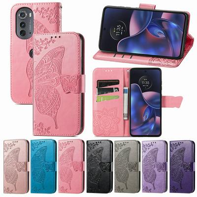 For Motorola Edge 2022 Imprinted Butterfly Flower Scratch-resistant Fashionable PU Leather + TPU Shockproof Phone Case Flip Stand Cover with Strap