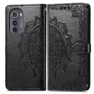 For Motorola Edge 2022 Relief Mandala Pattern Three Card Slots Series Side Flip PU Leather + Soft TPU with Magnetic Buckle and Stand Wallet Case